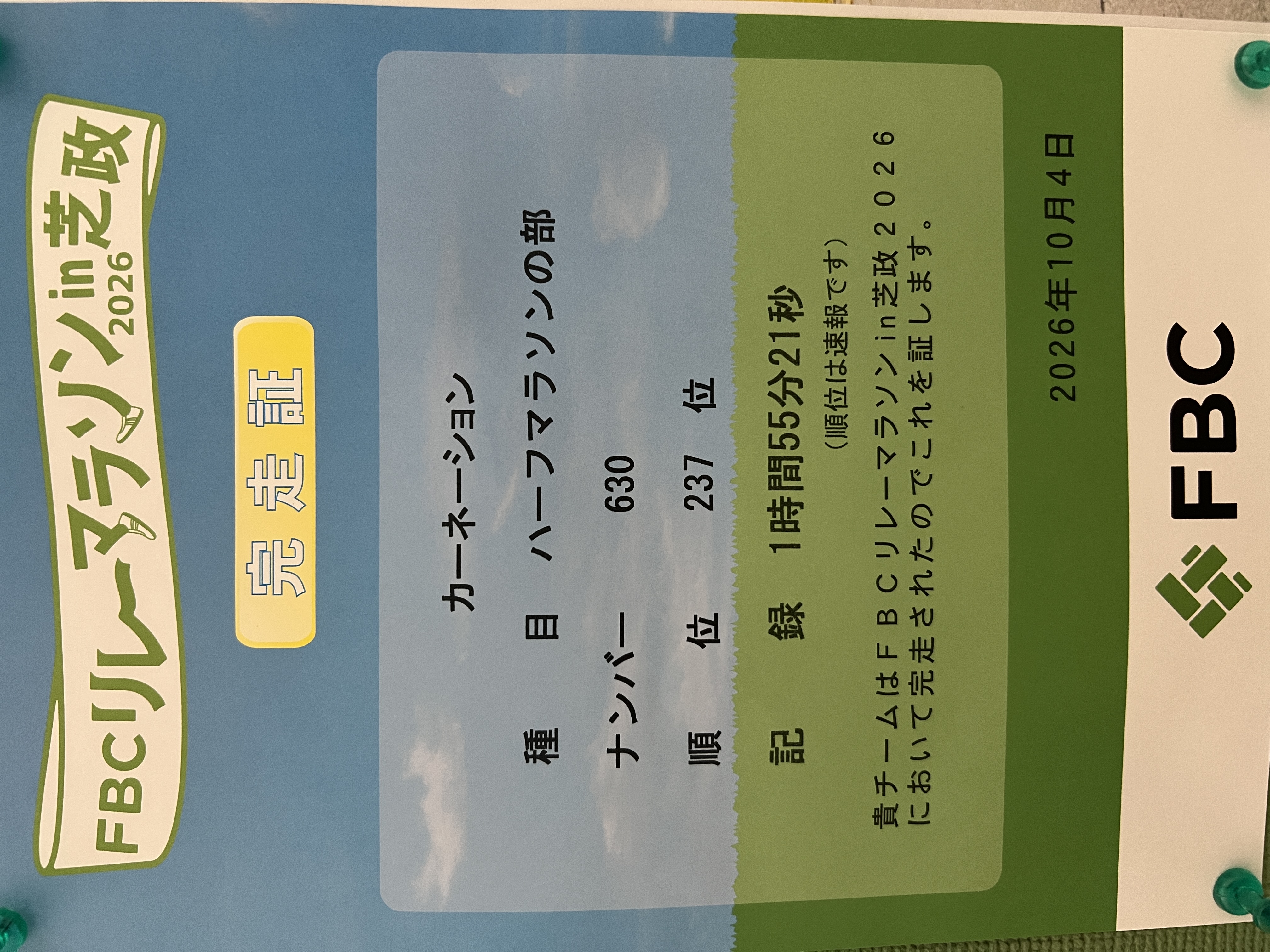 FBCリレーマラソンの完走証
